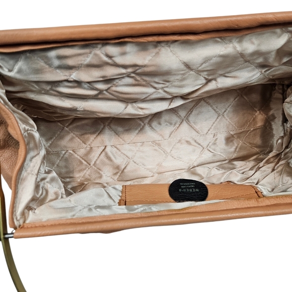 Vintage 70s Weber's Peach Leather Large Baguette Gold Metal Handle Women's Purse - Picture 11 of 13